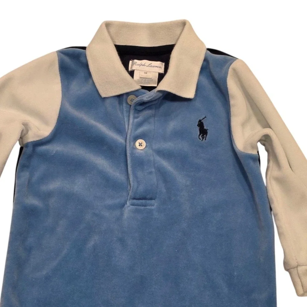 Ralph Lauren Baby Boy Coverall Blue Velour Colorblock Polo Romper 9M
